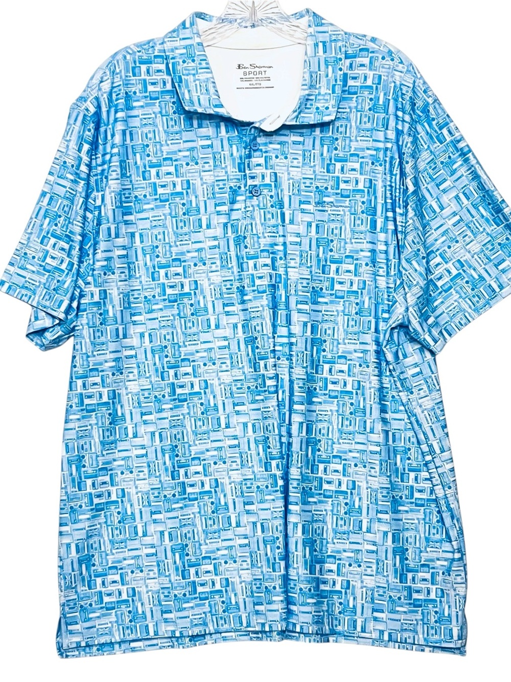 Ben Sherman Polo Sz 2XL UPF 50+ Blue Cassette Tapes Tech UNIQUE Print Shirt NWOT - Picture 2 of 9